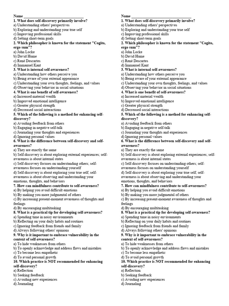 Quiz1 Self Pdf Awareness Self Awareness