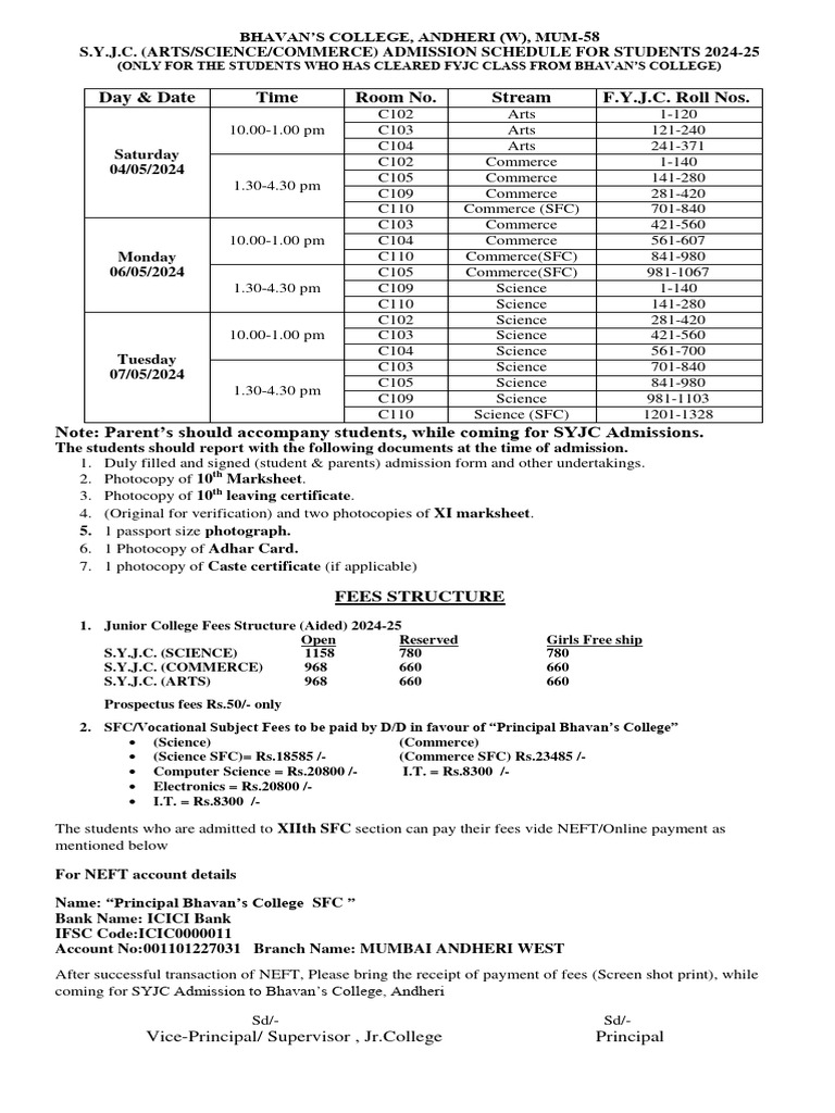 Syjc admission time table for students 2024 25 pdf banking