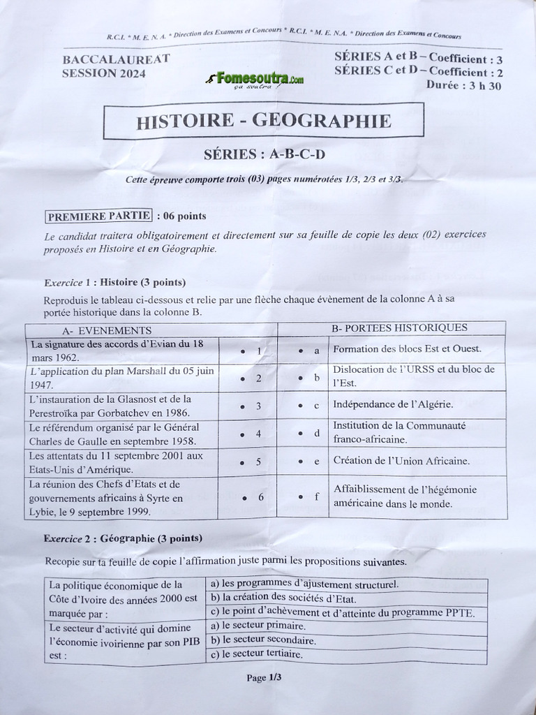 Sujet Bac 2024 Histoire-Geographie Serie A2 | PDF