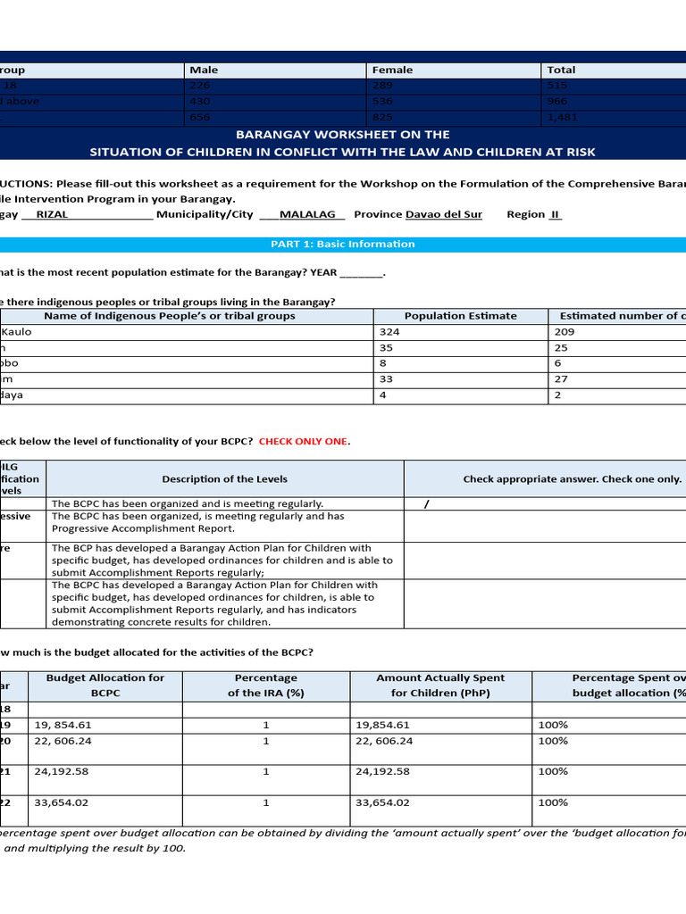 Barangay Worksheet: Children in Conflict | PDF | Child Abuse | Rape