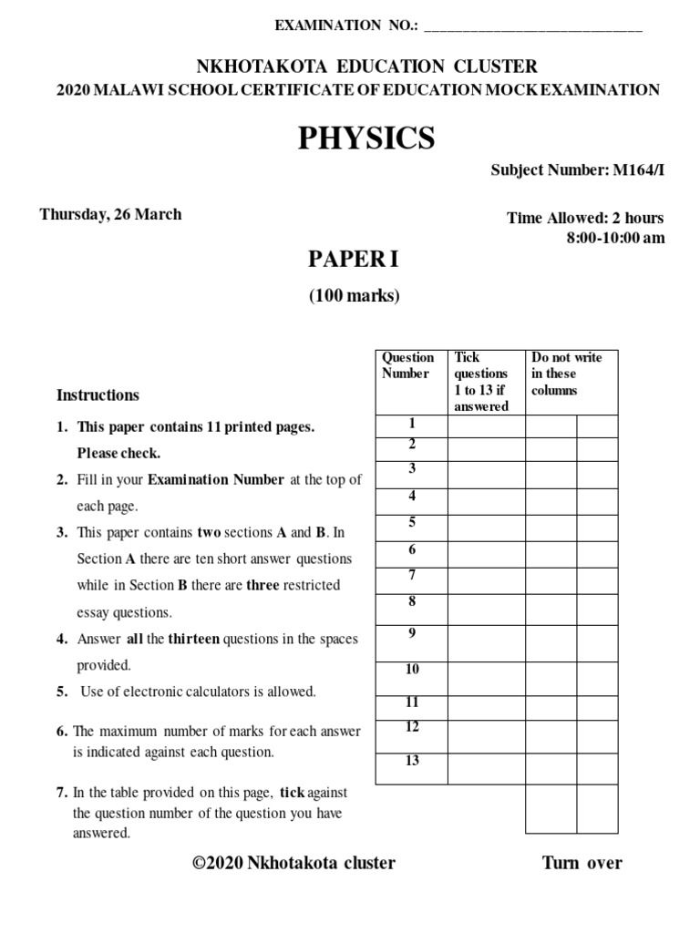 Physics Paper I Nkhotakota Cluster Mock Exams | PDF | Transformer ...