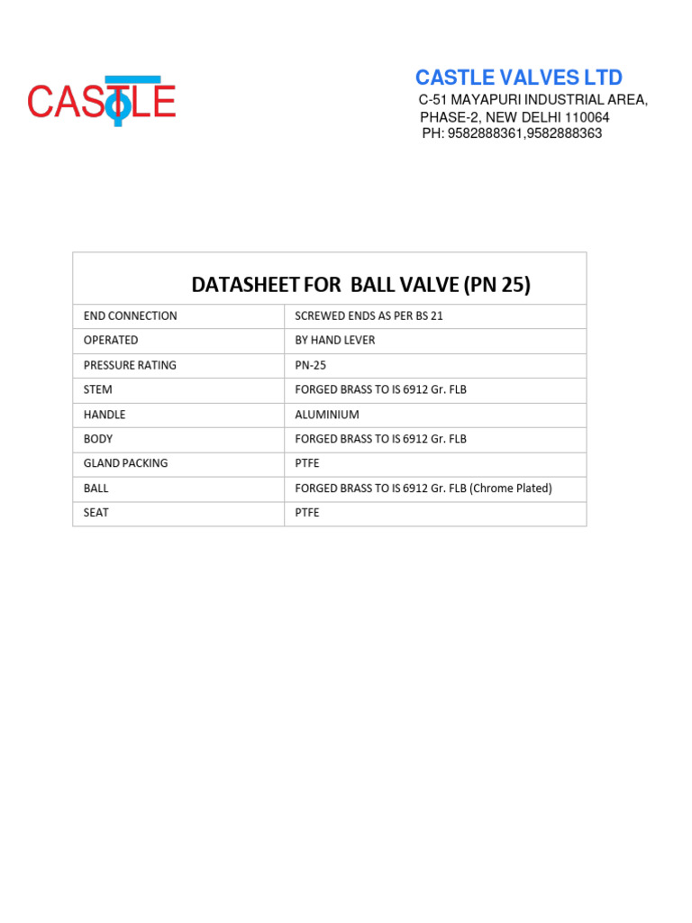 Ball Valve Datasheet PN 25 Specifications | PDF | Valve | Equipment