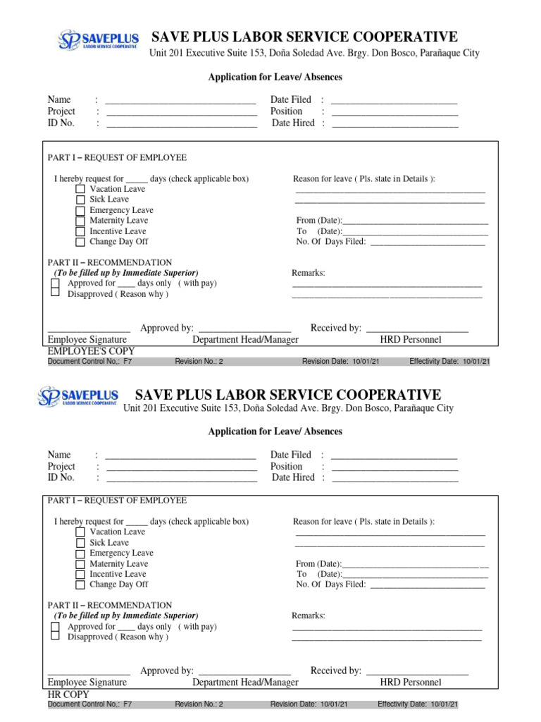 F7 Leave Application Form | PDF | Welfare State | Working Time