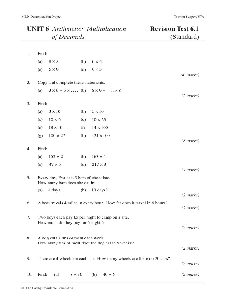 Year 7 Arithmetic Multiplication Tests | PDF | Elementary Mathematics ...