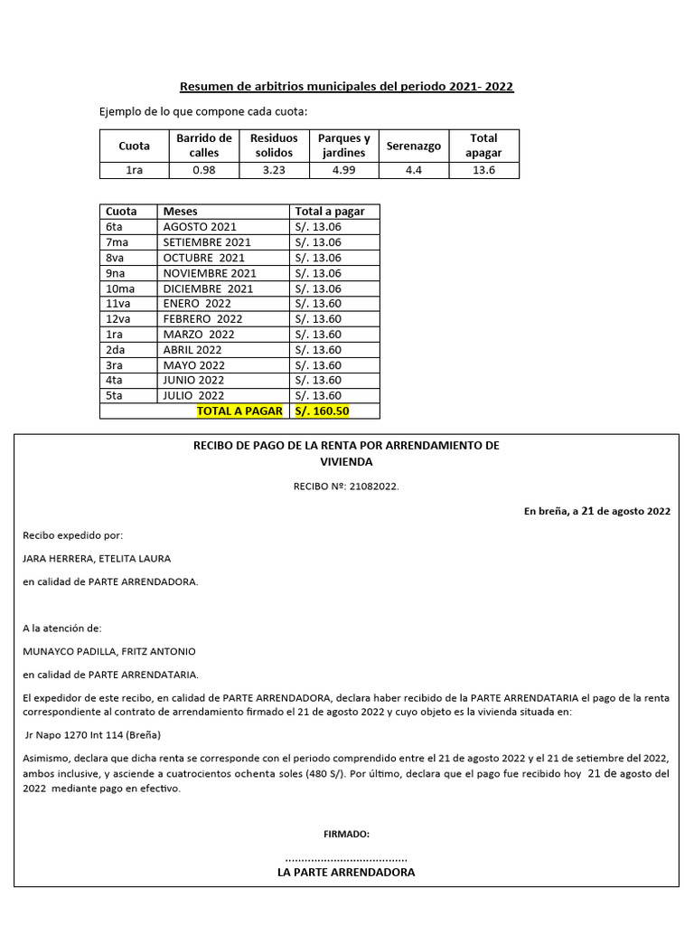 Recibo de Pago de La Renta Por Arrendamiento de Vivienda | PDF