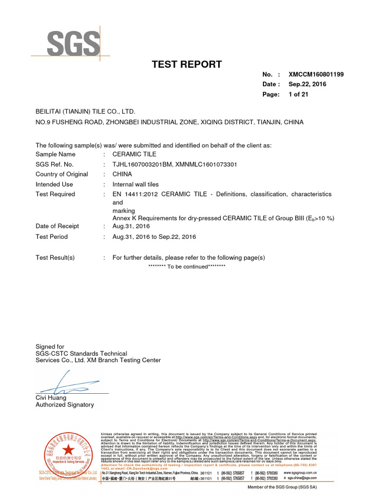 Ceramic Tile Test Report Summary | PDF | Acid | Chemistry