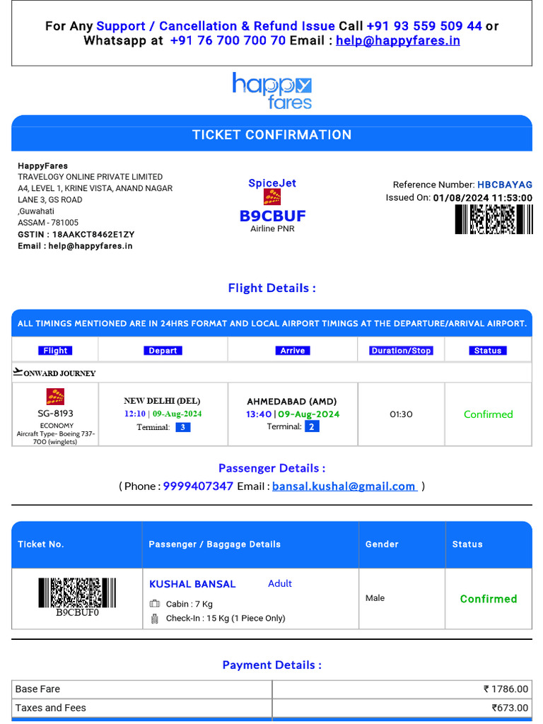 HappyFares Flight Ticket Confirmation | PDF | Aviation