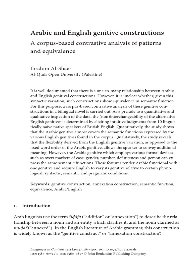 Arabic and English Genitive Constructions: A Corpus-Based Contrastive ...