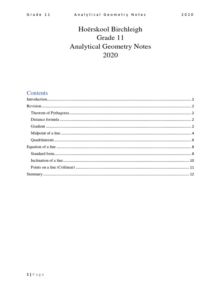 Grade 11 Analytical Geometry Notes | PDF | Line (Geometry) | Slope