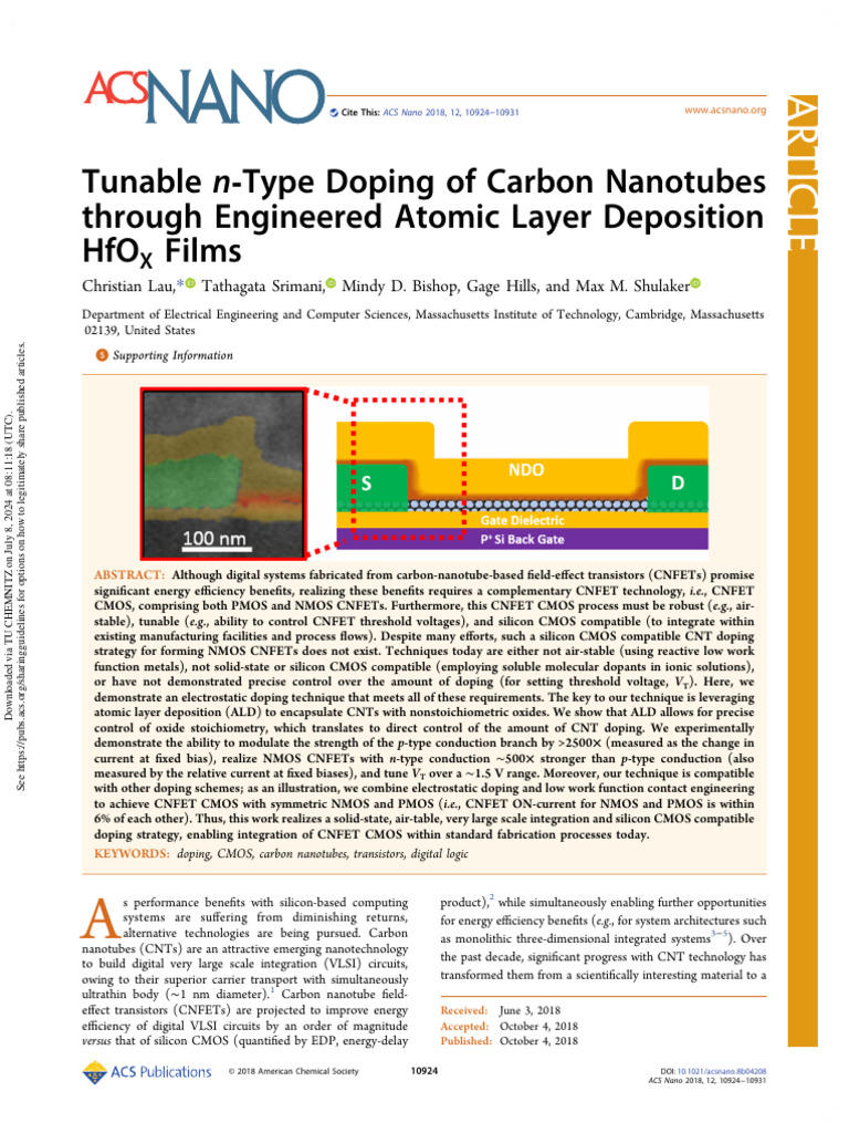 Lau Et Al 2018 Tunable N Type Doping of Carbon Nanotubes Through ...