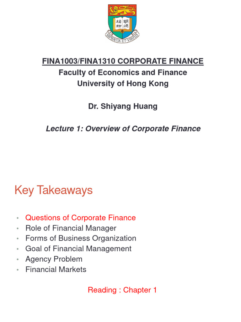 Lecture 1 - Overview of Corporate Finance | PDF | Business | Partnership