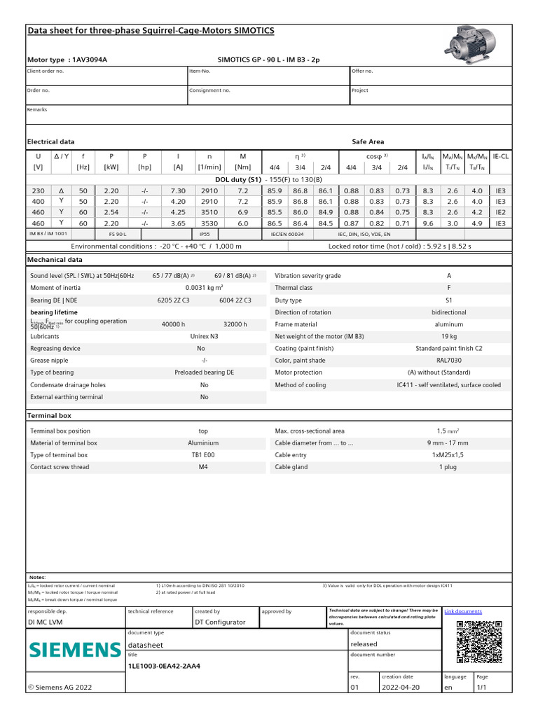SIMOTICS 1AV3094A Motor Datasheet | PDF | Electrical Engineering ...