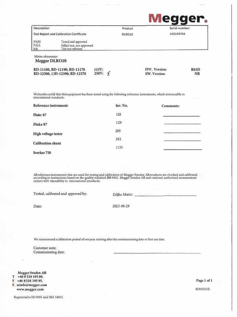 Megger DLRO10 Test Report & Calibration | PDF | Calibration | Metrology
