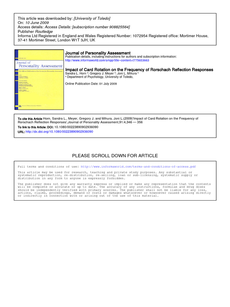 Horn 2009 Card Rotation Frequency Rorschach | PDF | Psychology ...