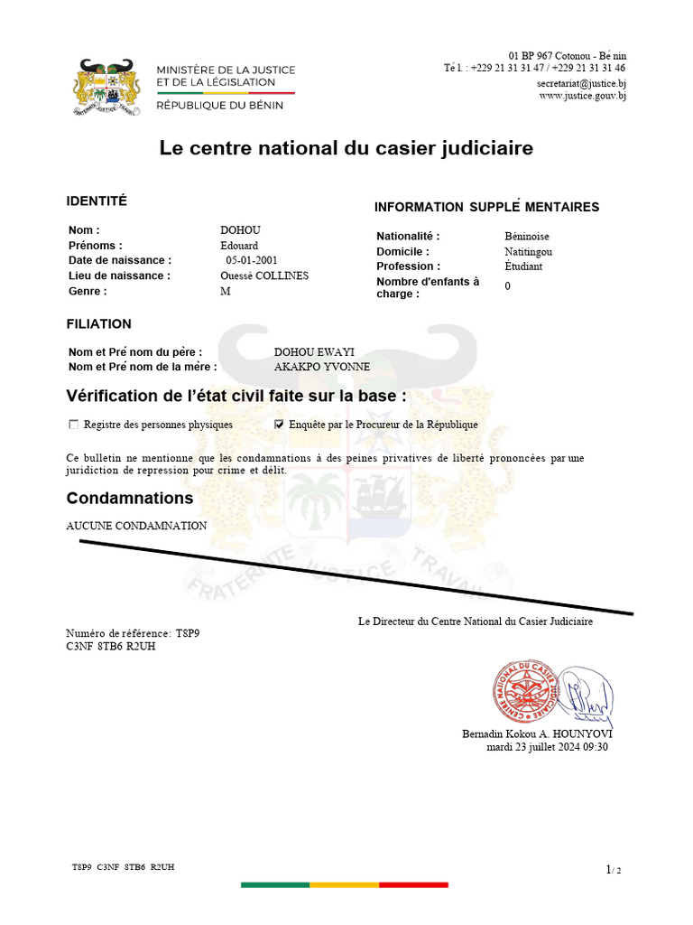 Casier Judiciaire Bénin: Informations et Demande | PDF | Justice ...