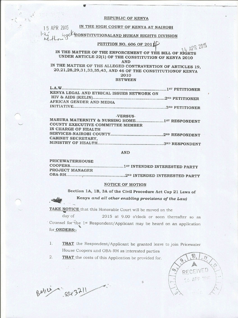 Application by Marura Maternity and Nursing Home Seeking To Enjoin PWC ...