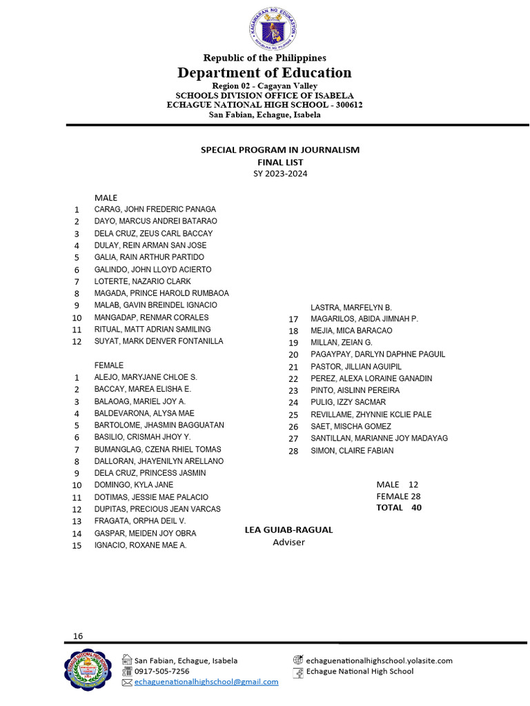 Final List of Journalism Students 2023-2024 | PDF