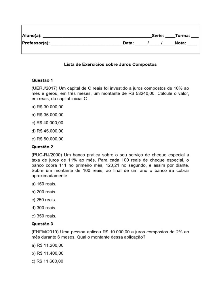 Exercícios sobre Juros Compostos | PDF | Juros | Finanças pessoais