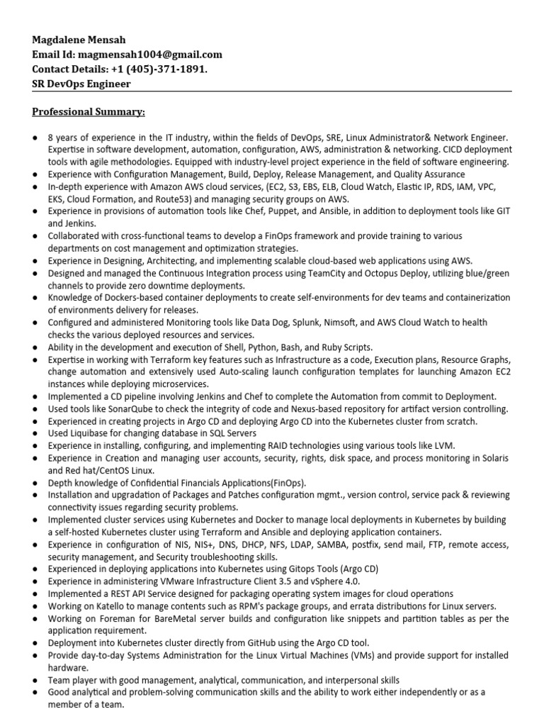 Senior DevOps Engineer Resume Summary | PDF | Cloud Computing ...