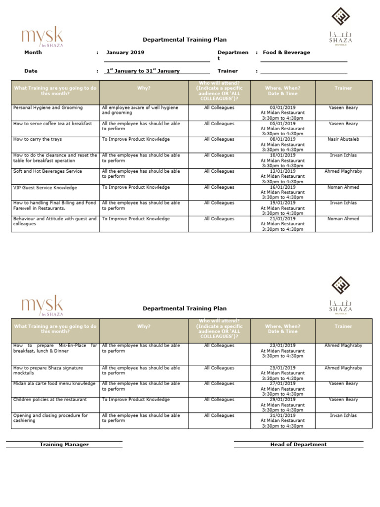 F&B Staff Training Schedule | PDF | Restaurants | Cooking