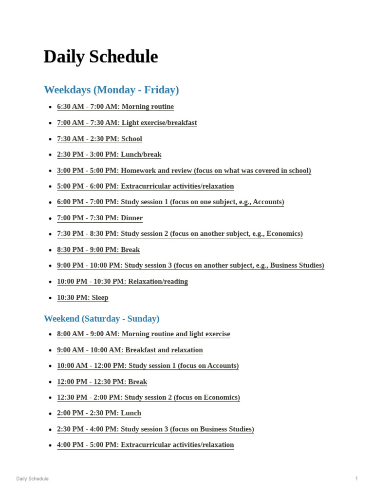 Structured Daily Study Schedule | PDF | Workweek And Weekend