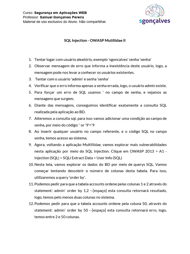 SQL Injection - OWASP Mutillidae II | PDF | SQL | Gestão de dados