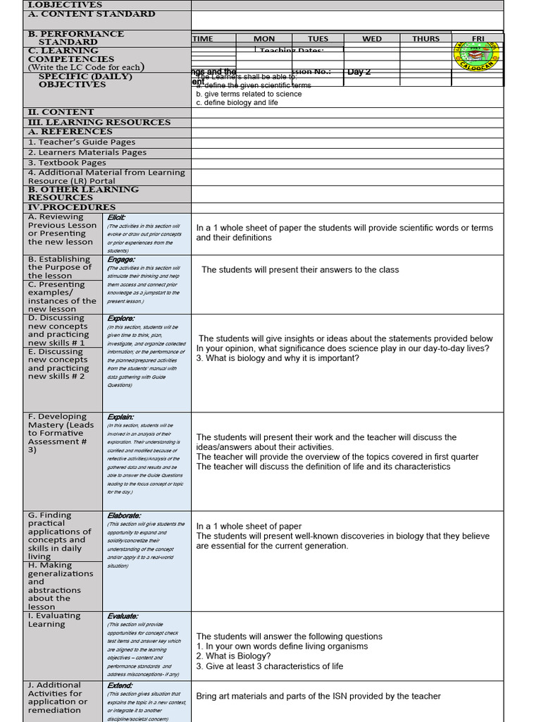 9th Grade Science Daily Lesson Plan | PDF | Learning | Cognition