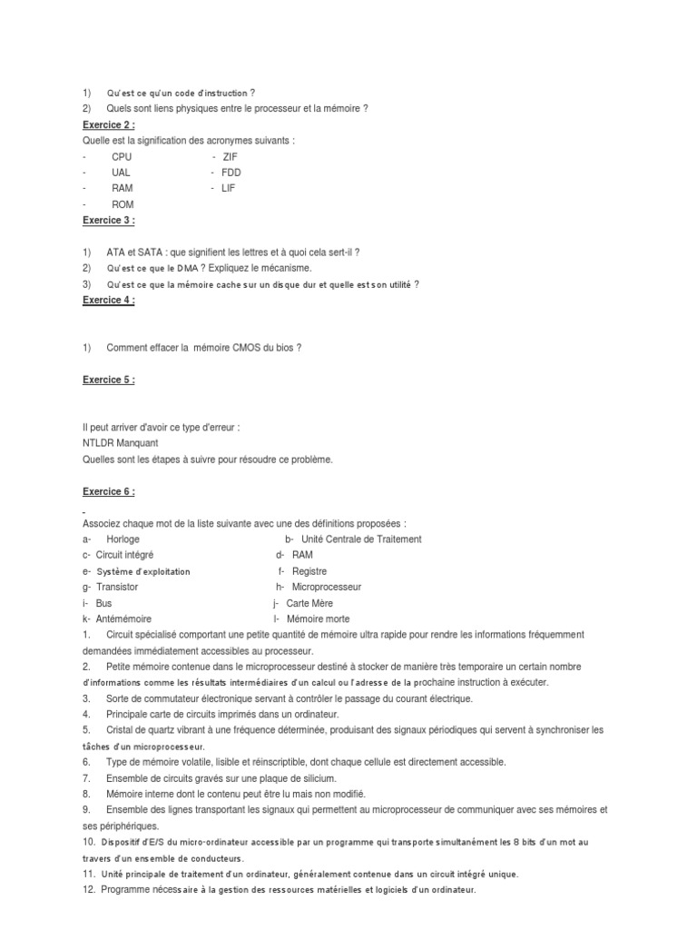 test qcm Central Processing Unit Computer Data Storage