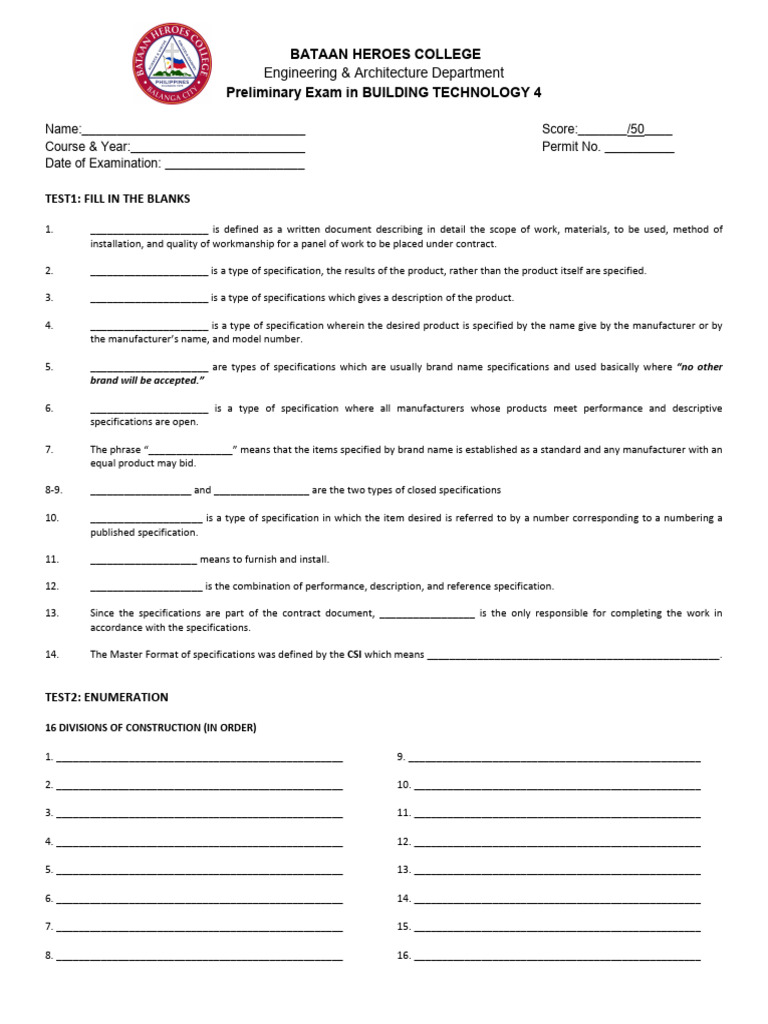 Building Tech Exam for Students | PDF | Specification (Technical ...