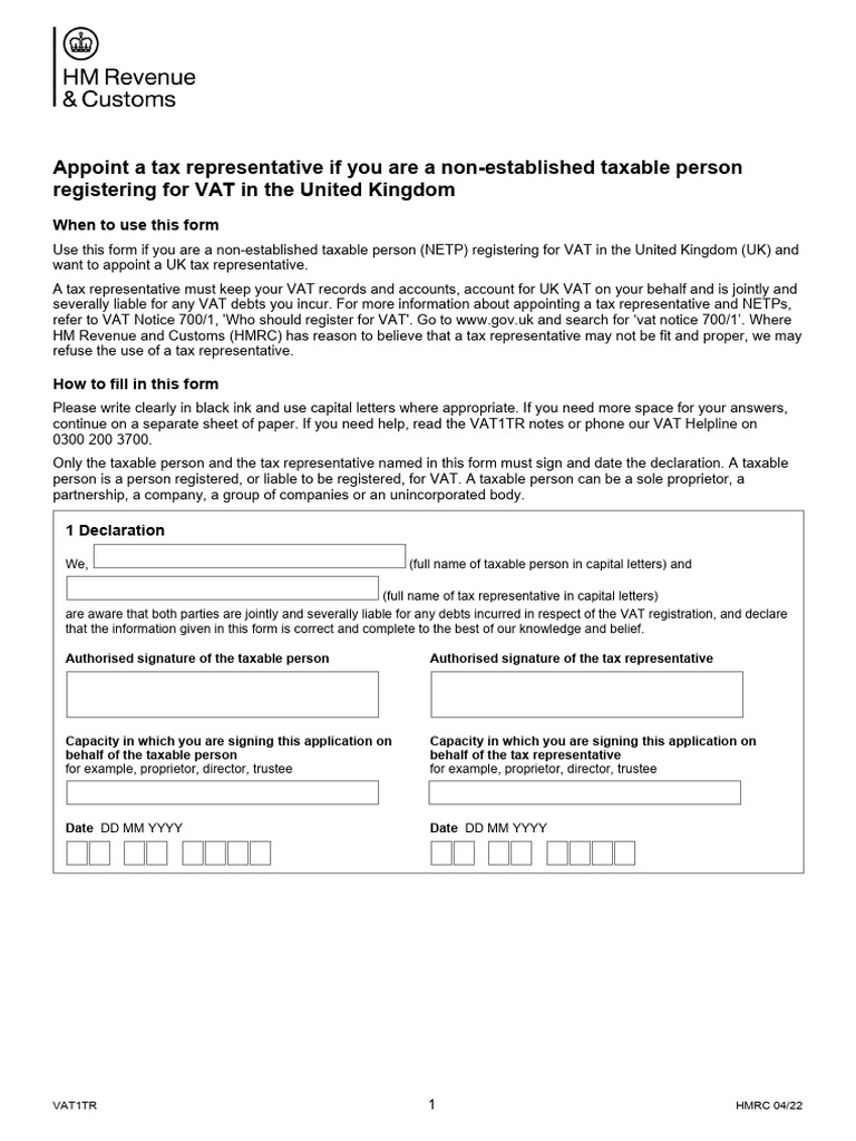 VAT1TR: Appointing a Tax Representative | PDF | Value Added Tax | Taxes