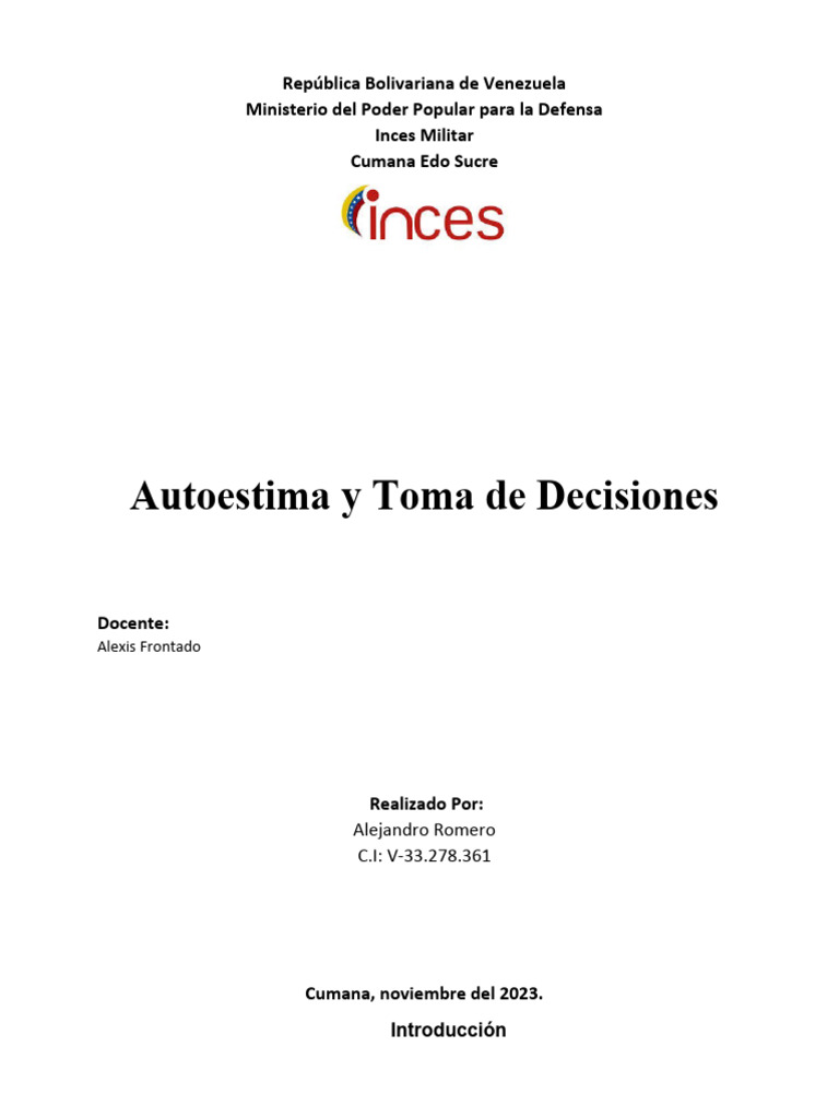 Autoestima y Toma de Decisiones Trabajo | PDF | Toma de decisiones ...