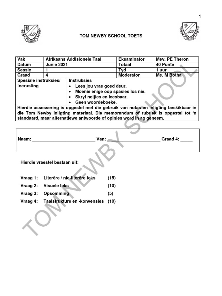 Grade 4 Afrikaans Exam June 2021 1 | PDF