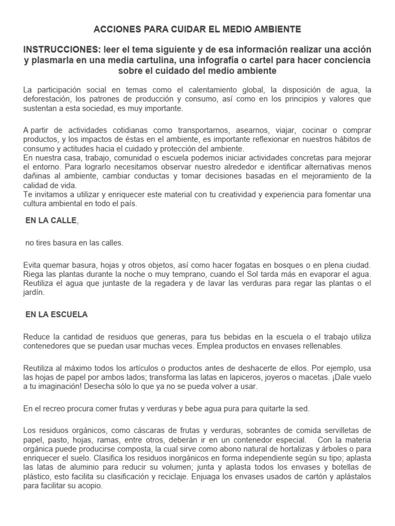 Acciones para Cuidar El Medio Ambiente | PDF | Residuos | Agua