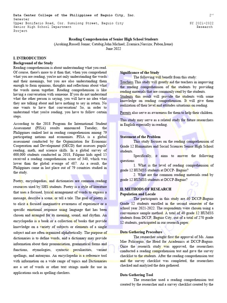 Reading Comprehension in Senior High School | PDF | Reading ...