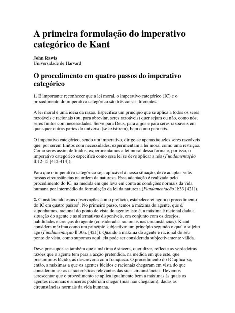 A Primeira Formulação Do Imperativo Categórico de Kant | PDF | Immanuel ...