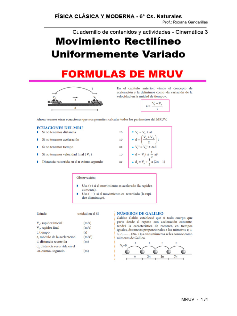 Ejercicios de MRUV para 6° Naturales | PDF | Velocidad | Aceleración