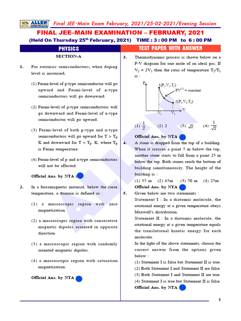 JEE Main Physics Exam Solutions 2021 | PDF | Semiconductors | Phases Of ...
