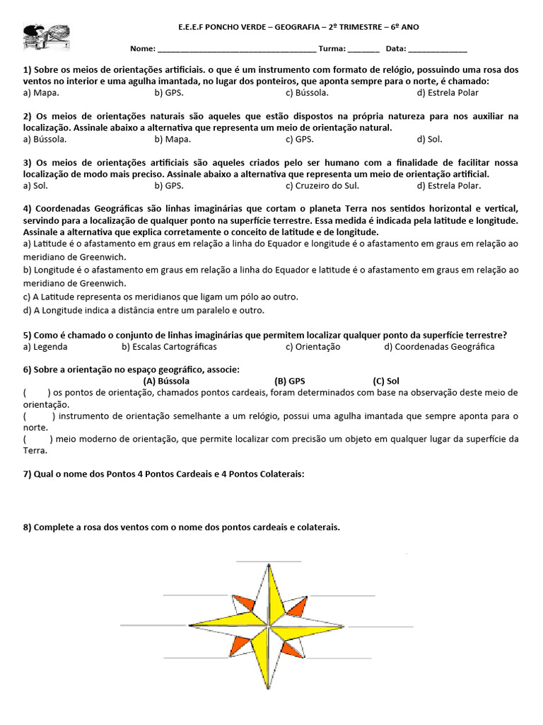 Prova MEIOS DE ORIENTAÇÃO E LOCALIZAÇÃO 6º ANO | PDF | Bússola | Longitude