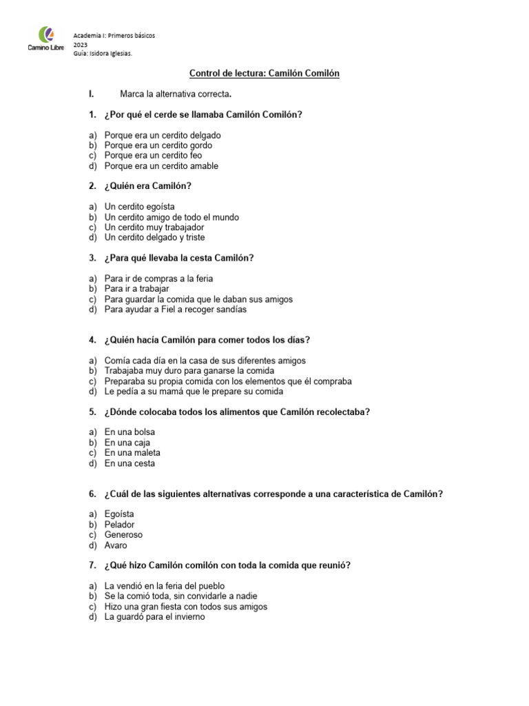 Control de Lectura Camilón Comilón | PDF