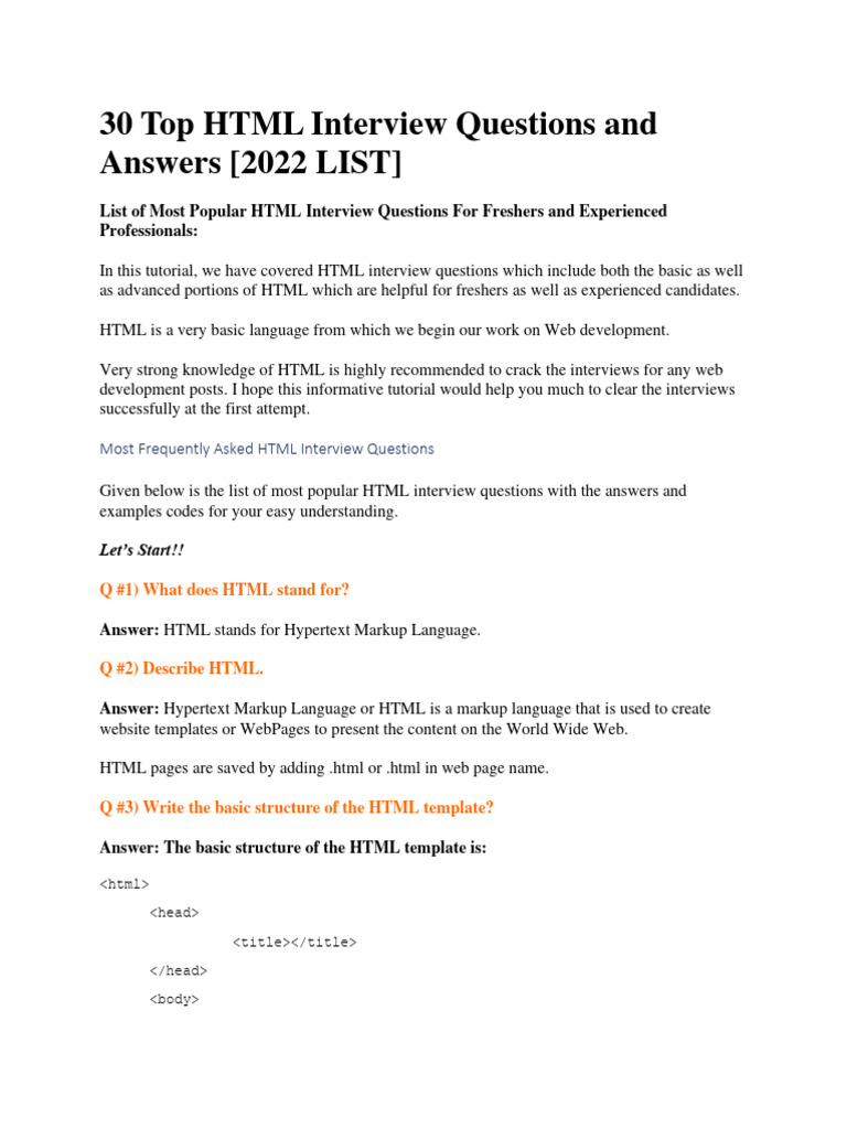 30 Top HTML Interview Questions and Answers | PDF | Html Element | Html