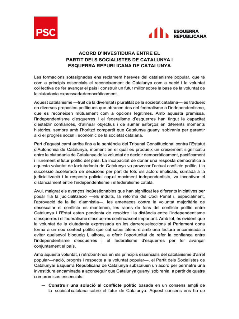 Acord PSC-ERC Per La Investidura de Salvador Illa | PDF