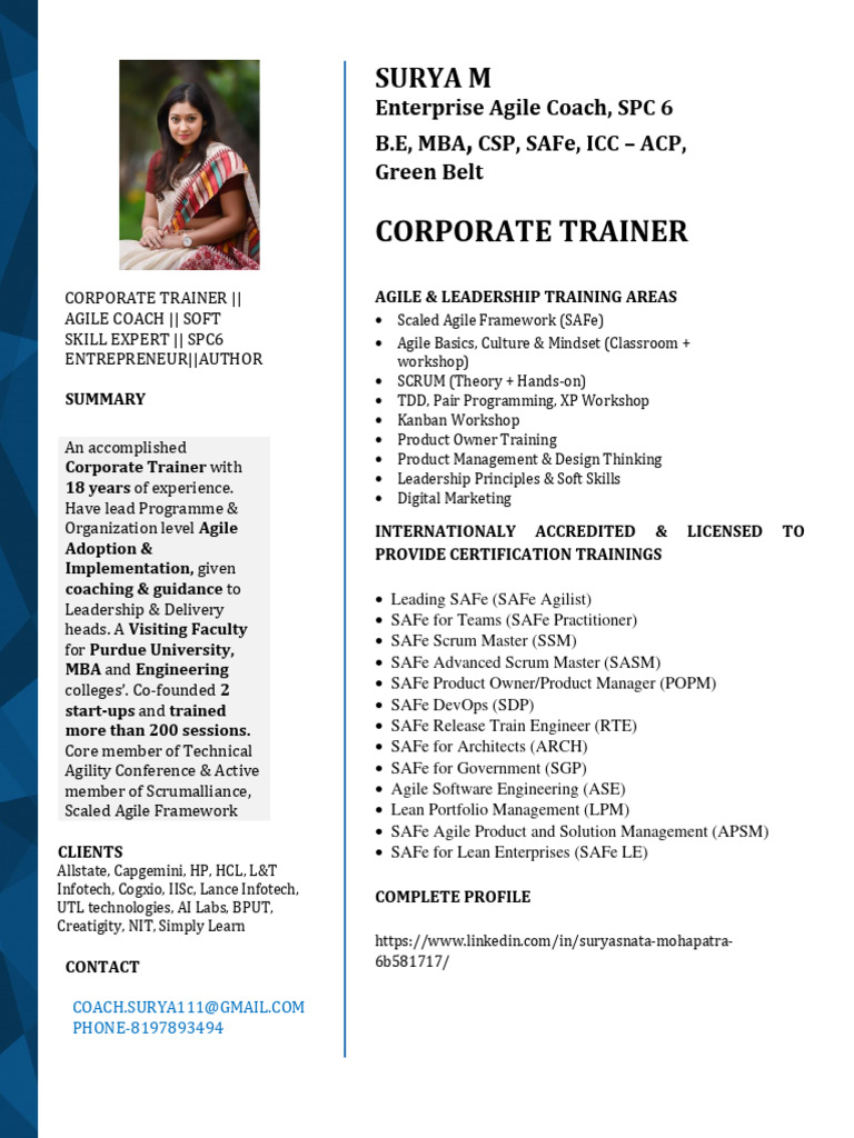 Agile Coach & Corporate Trainer Profile | PDF | Agile Software ...