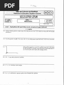 2018 Grade 11 Mathematics Second Term Test Paper With Answers Southern Province