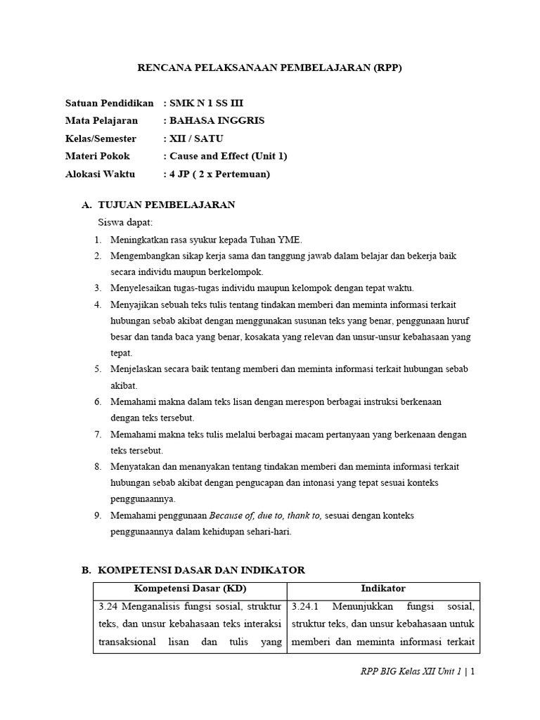 RPP BIG Kelas XII Unit 1 | PDF