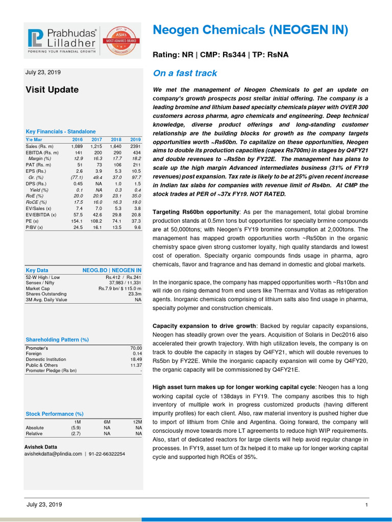 Neogen Chemicals Growth Update 2019 | PDF | Inventory | Chemistry