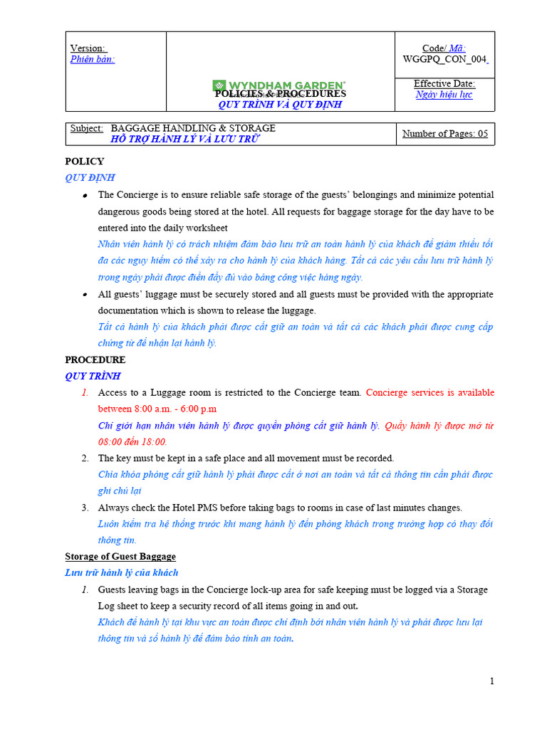 SOP - FO-CON 004 - Baggage Handling & Storage | PDF