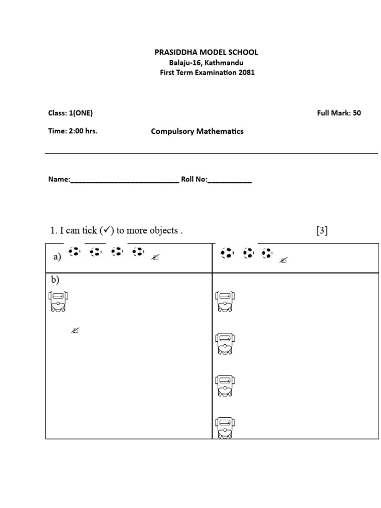 Class 1 Mathematics Exam Paper | PDF | Mathematics | Arithmetic