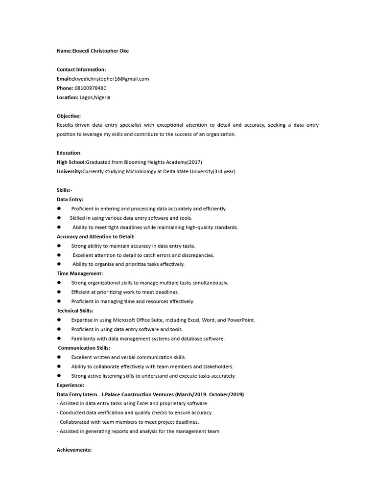 Résumé For Data Entry Specialist | PDF | Data | Attention