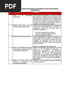 FREQUENTLY ASKED QUESTIONS IN RESPECT OF AN INVESTMENT AGREEMENT (1)