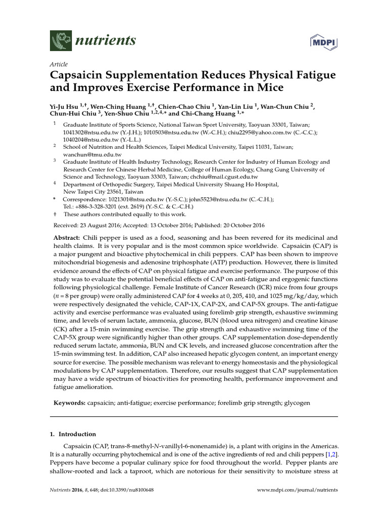 Capsaicin Boosts Exercise Performance in Mice | PDF | Dose ...